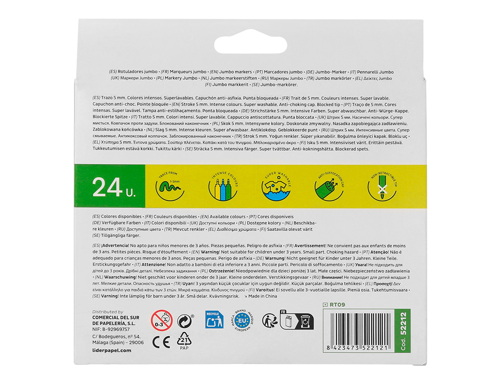 FEUTRE COLORIAGE LIDERPAPEL JUMBO LONGUEUR CRITURE 800M POINTE NYLON 5MM DIAMTRE BOTE CARTON 24 UNITS