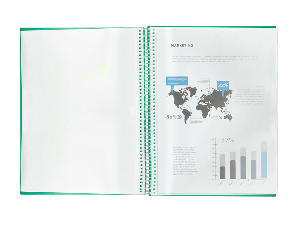 PROTGE-DOCUMENTS LIDERPAPEL POLYPROPYLNE COUVERTURE RIGIDE SPIRALE 40 POCHETTES FIXES A4 210X297MM COLIRIS VERT