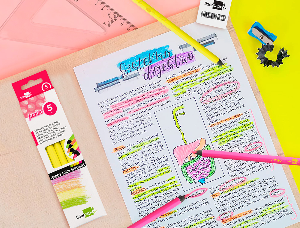 SURLIGNEUR LIDERPAPEL CRAYON DE COULEUR NÉON JUMBO MINE EXTRA-RÉSISTANTE FORME TRIANGULAIRE ERGONOMIQUE COLORIS JAUNE