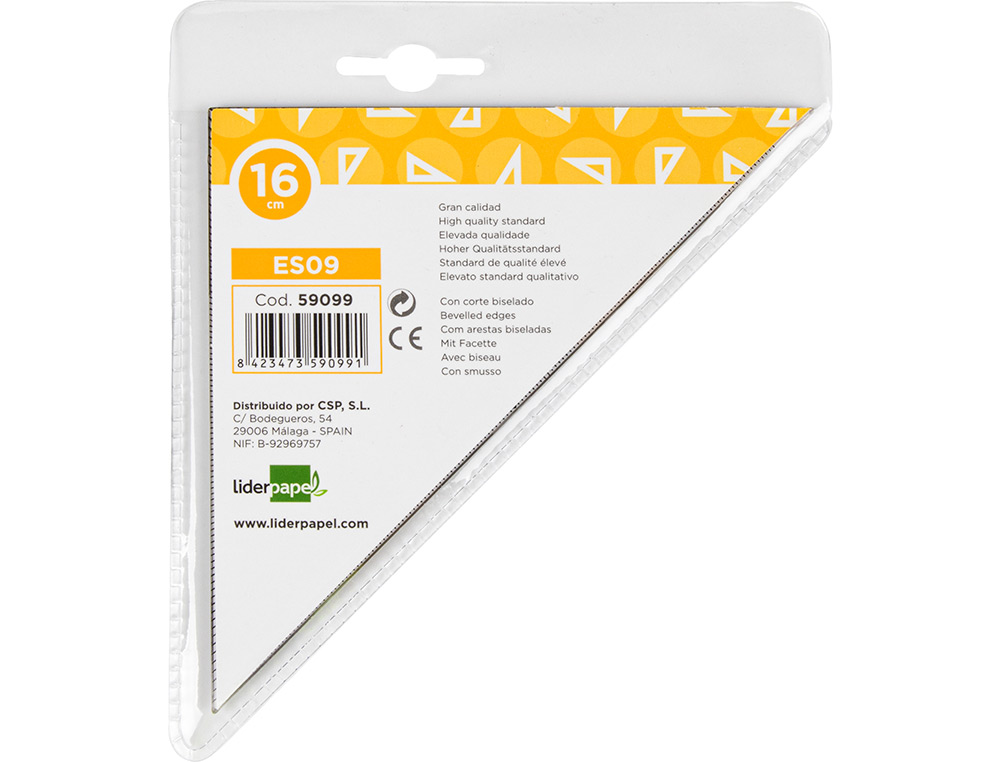 QUERRE GOMTRIE LIDERPAPEL GRADUE LONGUEUR CT MAJEUR 50CM DIMENSION HYPOTNUSE 16CM PLASTIQUE SANS PRHENSION FIXE