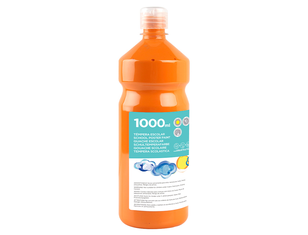 GOUACHE SCOLAIRE LIDERPAPEL LIQUIDE LAVABLE FERMETURE SCURIT BRILLANTE COLORIS ORANGE 1000ML