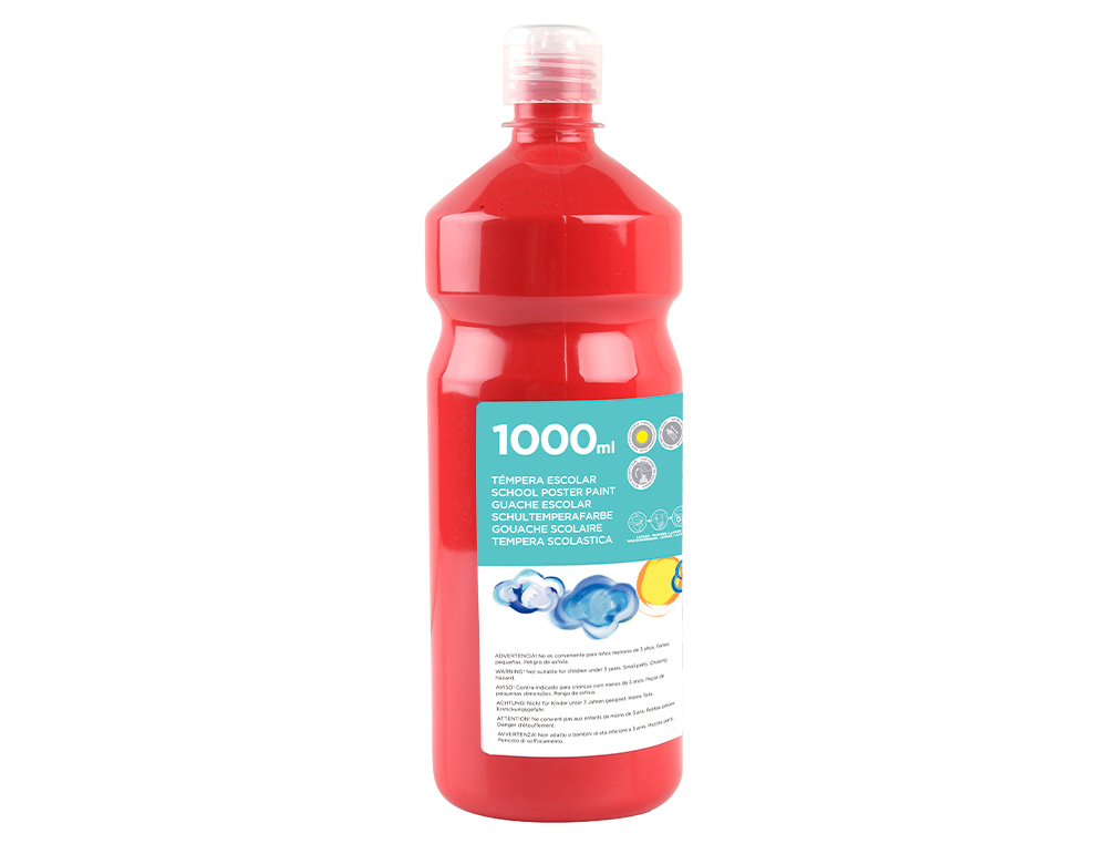 GOUACHE SCOLAIRE LIDERPAPEL LIQUIDE LAVABLE FERMETURE SÉCURITÉ BRILLANTE COLORIS ROUGE FLACON 1000ML