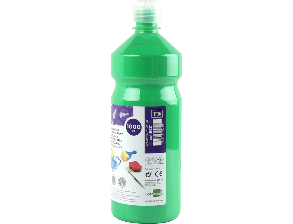 GOUACHE SCOLAIRE LIDERPAPEL LIQUIDE LAVABLE FERMETURE SCURIT BRILLANTE COLORIS VERT FLACON 1000ML