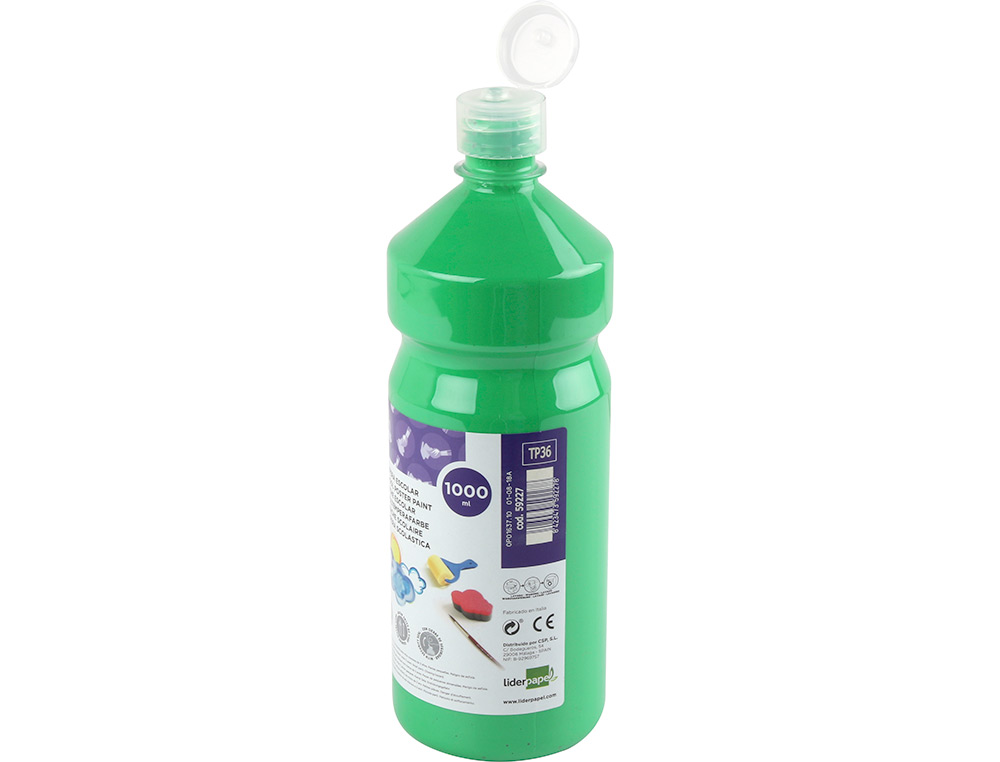 GOUACHE SCOLAIRE LIDERPAPEL LIQUIDE LAVABLE FERMETURE SCURIT BRILLANTE COLORIS VERT FLACON 1000ML