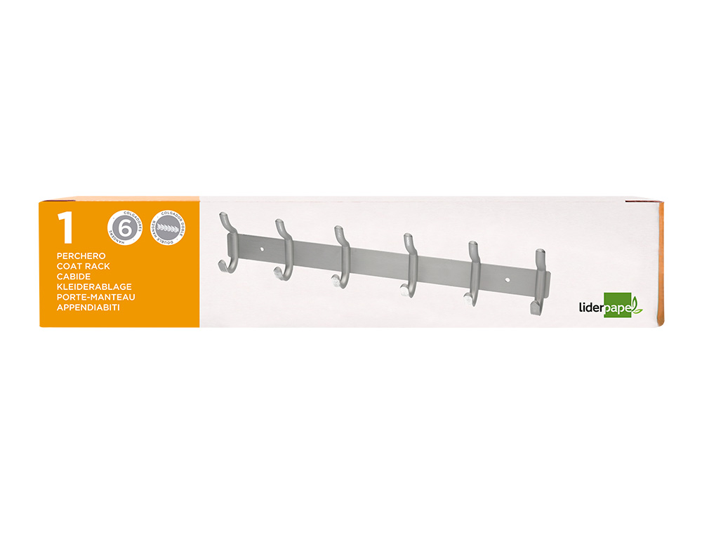 PORTE-MANTEAUX LIDERPAPEL MURAL METAL 6 PATERES         430X88X55MM COLORIS ARGENT
