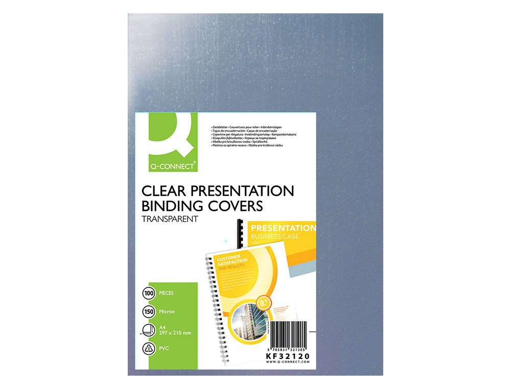 PLAT COUVERTURE Q-CONNECT PVC INCOLORE 150 MICRONS A4 RELIEURS SPIRALES PEIGNES ANNEAUX PAQUET 100 UNITS