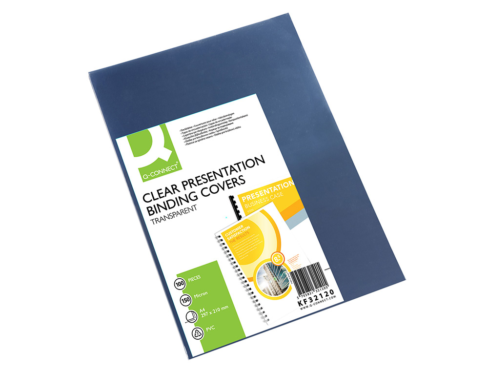 PLAT COUVERTURE Q-CONNECT PVC INCOLORE 150 MICRONS A4 RELIEURS SPIRALES PEIGNES ANNEAUX PAQUET 100 UNITS