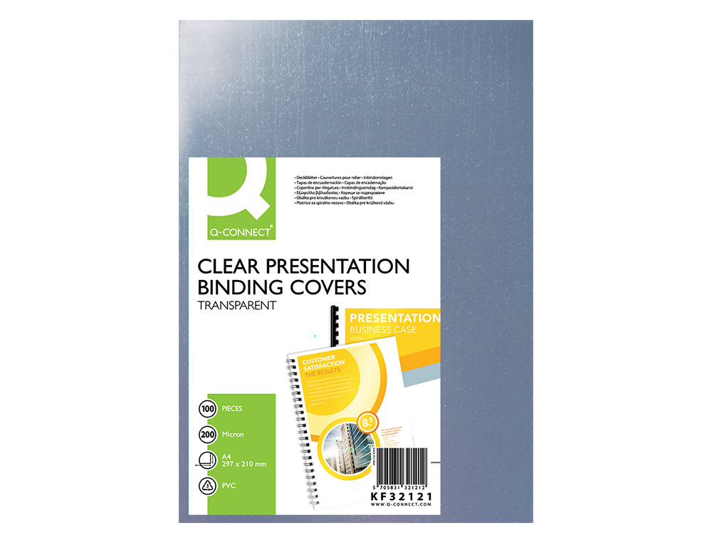 PLAT COUVERTURE Q-CONNECT PVC 200 MICRONS A4 RELIEURS SPIRALES PEIGNES ANNEAUX INCOLORE PAQUET 100 UNITS