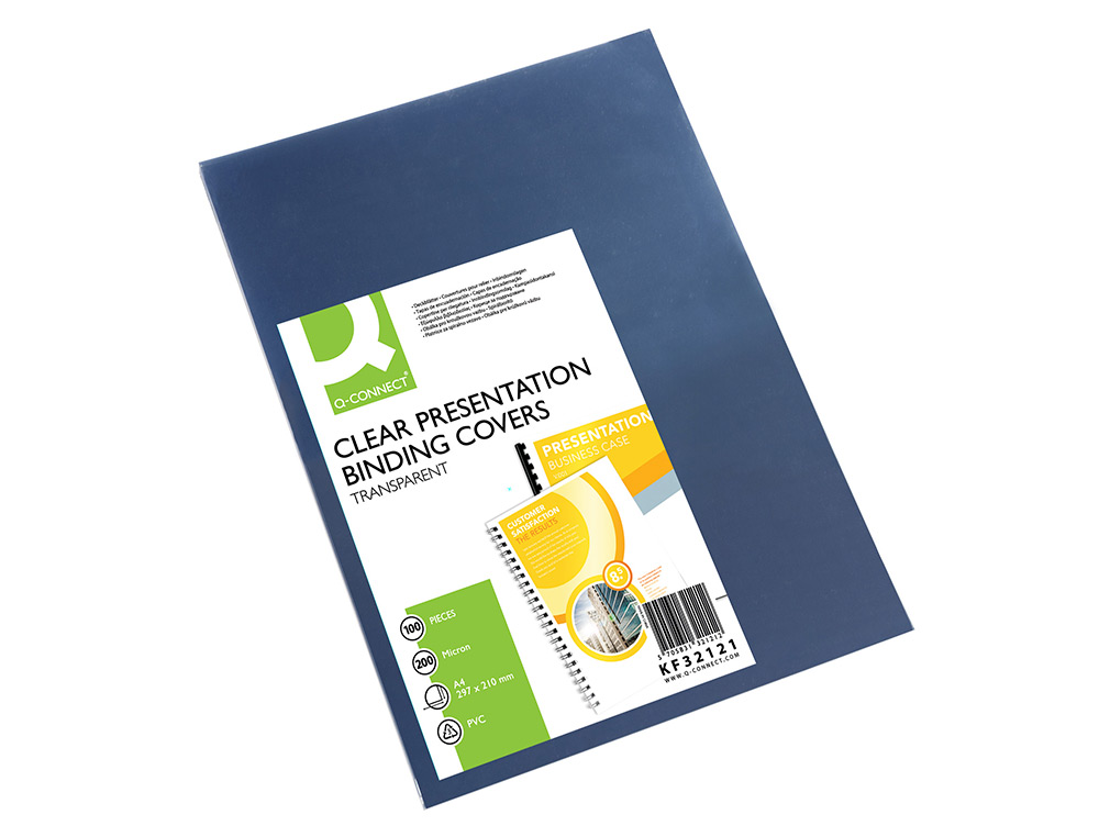 PLAT COUVERTURE Q-CONNECT PVC 200 MICRONS A4 RELIEURS SPIRALES PEIGNES ANNEAUX INCOLORE PAQUET 100 UNITS