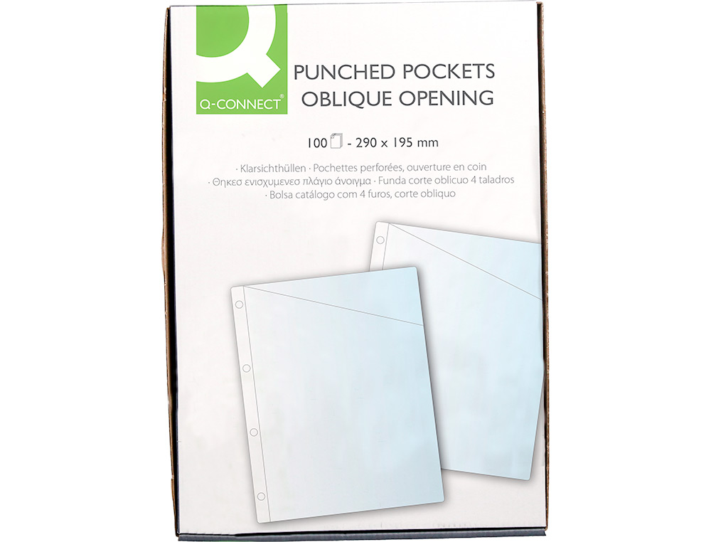 POCHETTE COIN Q-CONNECT PVC TRANSPARENT 9/100E 290X195MM PERFORE 4 TROUS BOTE 100 UNITS