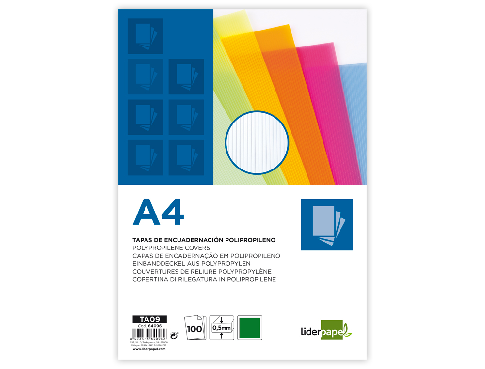 PLAT COUVERTURE LIDERPAPEL PP ONDULÉ TRANSLUCIDE 0.8MM A4 DOSSIER RELIURE VERT PAQUET 50 UNITÉS