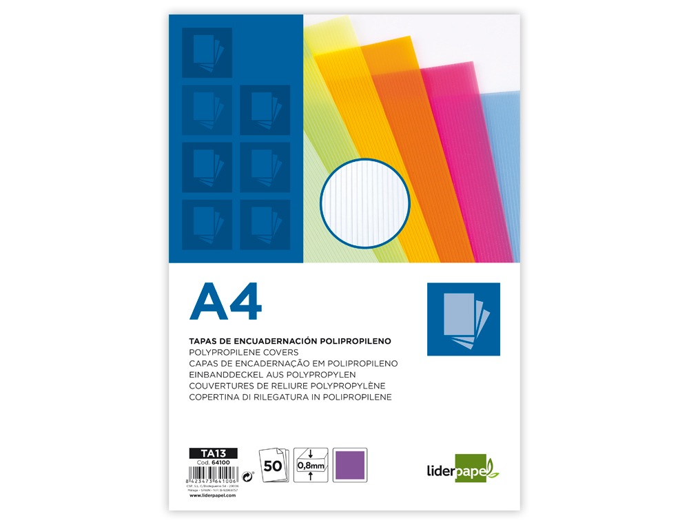 PLAT COUVERTURE LIDERPAPEL PP ONDUL TRANSLUCIDE 0.8MM A4 DOSSIER RELIURE VIOLET PAQUET 50 UNITS