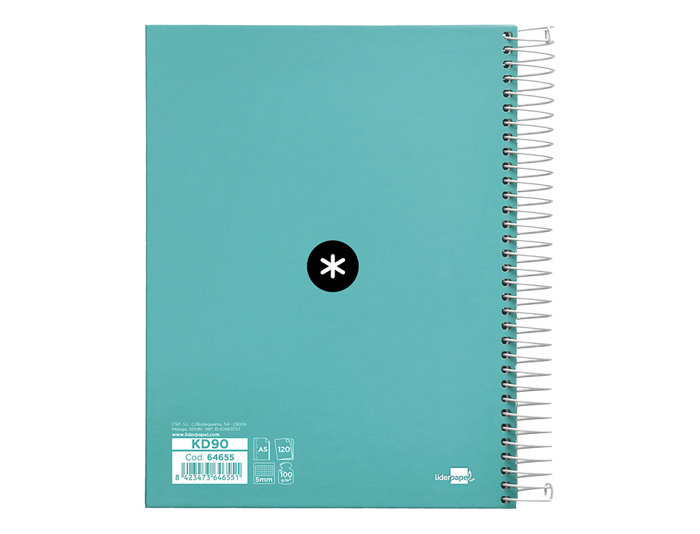 CAHIER SPIRALE ANTARTIK A5 240P 90G REMBORDE QUADRILLAGE 5MM MICROPERFORE 5 BANDES 6   TROUS COLORIS MENTHE