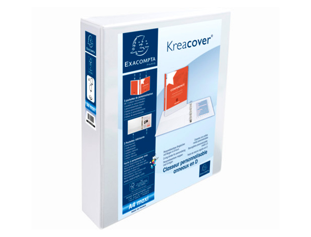 CLASSEUR EXACOMPTA KREACOVER 4 ANNEAUX 40MM A4+ CARTON RECOUVERT POLYPROPYLÈNE DOS 64MM PERSONNALISABLE BLANC