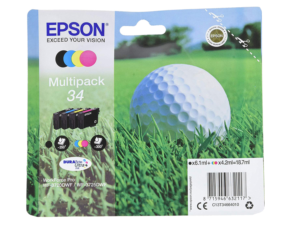 CARTOUCHE EPSON PACK N34 XL JET D'ENCRE COULEUR NOIR/CYAN/MAGENTA/JAUNE HAUTE CAPACITÉ 1250P
