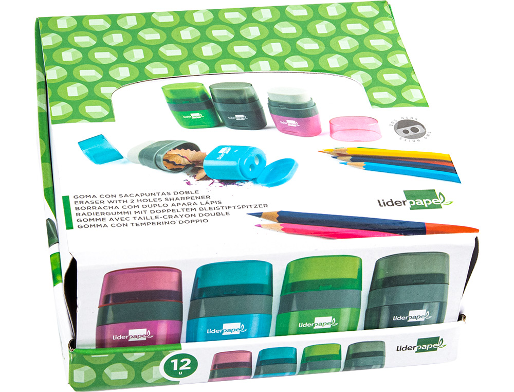 TAILLE-CRAYON LIDERPAPEL PLASTIQUE RSERVOIR GOMME SANS PVC 2 USAGES COLORIS ASSORTIS