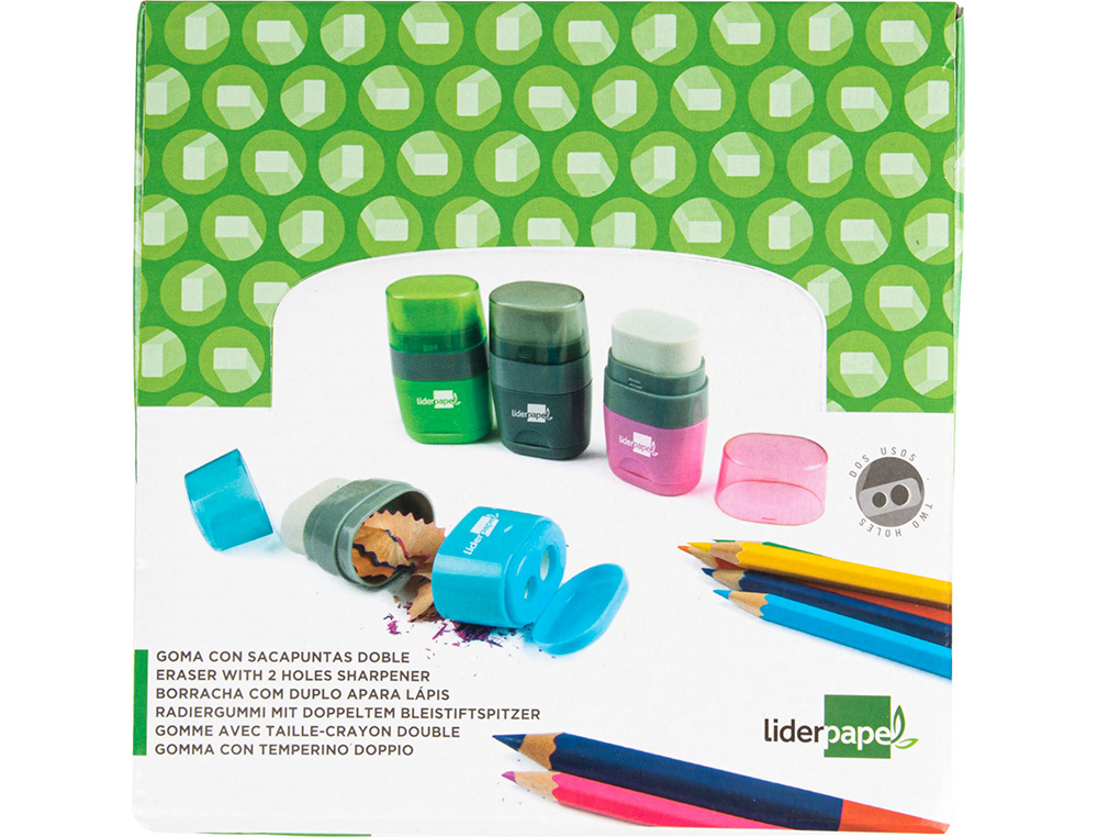 TAILLE-CRAYON LIDERPAPEL PLASTIQUE RSERVOIR GOMME SANS PVC 2 USAGES COLORIS ASSORTIS