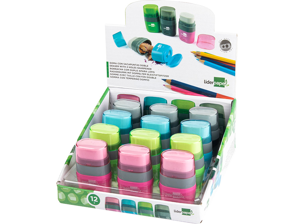 TAILLE-CRAYON LIDERPAPEL PLASTIQUE RSERVOIR GOMME SANS PVC 2 USAGES COLORIS ASSORTIS