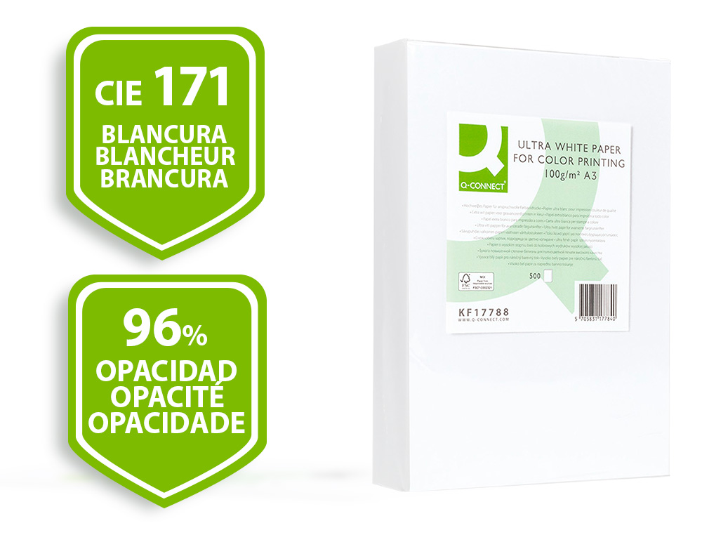 PAPIER Q-CONNECT MULTIFONCTION ULTRAWHITE A3 100G/M2 BLANCHEUR 170 OPACIT 96 RIGIDIT 60 500 FEUILLES