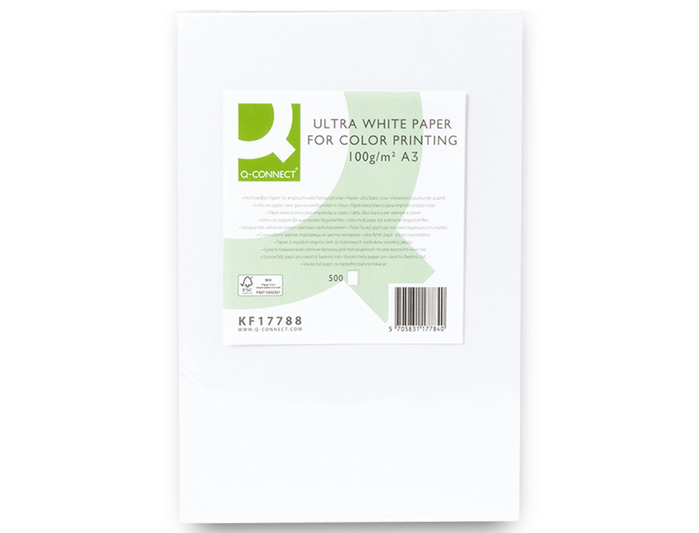PAPIER Q-CONNECT MULTIFONCTION ULTRAWHITE A3 100G/M2 BLANCHEUR 170 OPACIT 96 RIGIDIT 60 500 FEUILLES