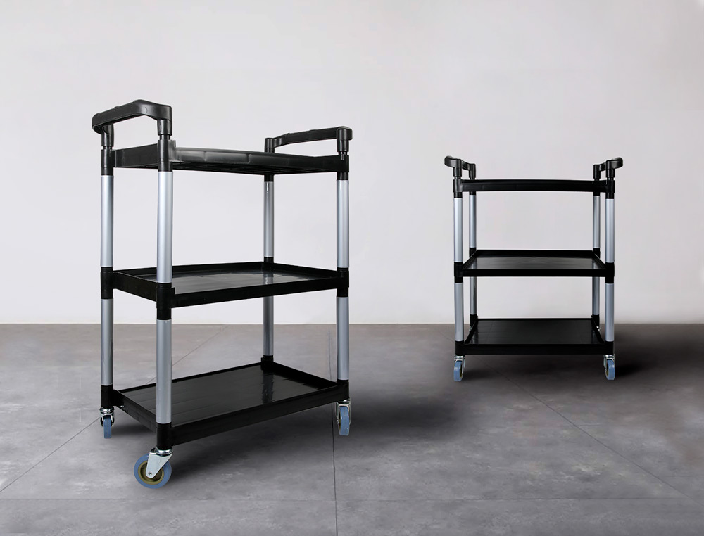 CHARIOT SERVICE Q-CONNECT ACIER 3 PLATEAUX ACIER INOXYDABLE 4 ROUES POIGNES 83X42X97CM