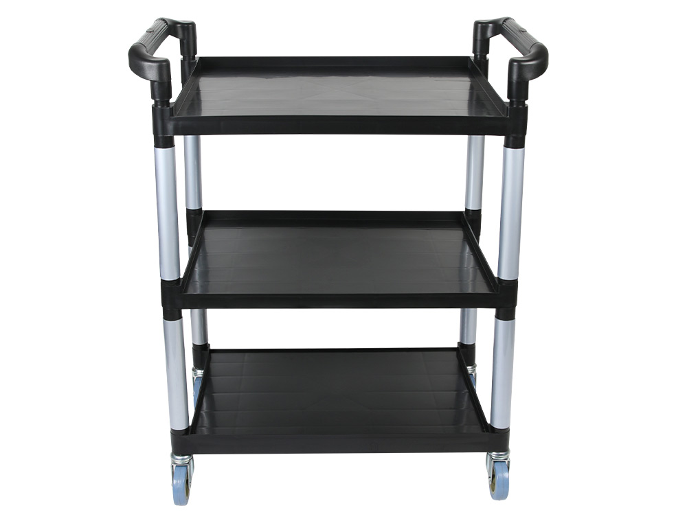 CHARIOT SERVICE Q-CONNECT ACIER 3 PLATEAUX ACIER INOXYDABLE 4 ROUES POIGNES 83X42X97CM