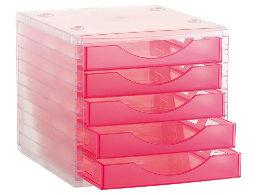 MODULE CLASSEMENT Q-CONNECT 5 TIROIRS OUVERTS BASE 340X270X260MM BUTÉE SÉCURITÉ COLORIS ROSE TRANSLUCIDE