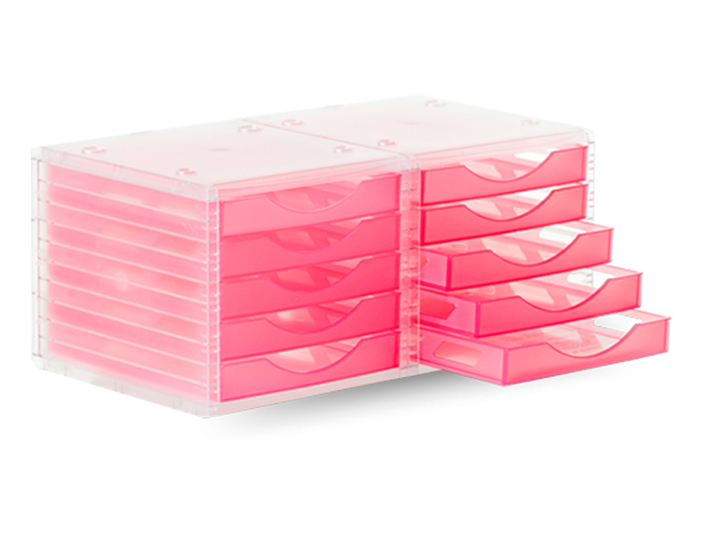 MODULE CLASSEMENT Q-CONNECT 5 TIROIRS OUVERTS BASE 340X270X260MM BUTÉE SÉCURITÉ COLORIS ROSE TRANSLUCIDE