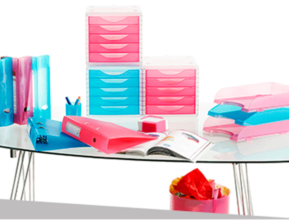 MODULE CLASSEMENT Q-CONNECT 5 TIROIRS OUVERTS BASE 340X270X260MM BUTÉE SÉCURITÉ COLORIS ROSE TRANSLUCIDE
