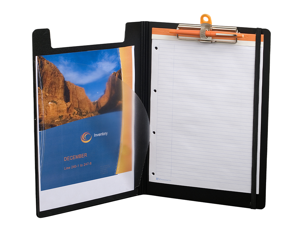 PORTE-BLOC EXACOMPTA EXABOARD A4 RABAT CLIP MTAL SOLIDE PORTE-STYLO FERMETURE LASTIQUE 23,5X33,5CM COLORIS NOIR