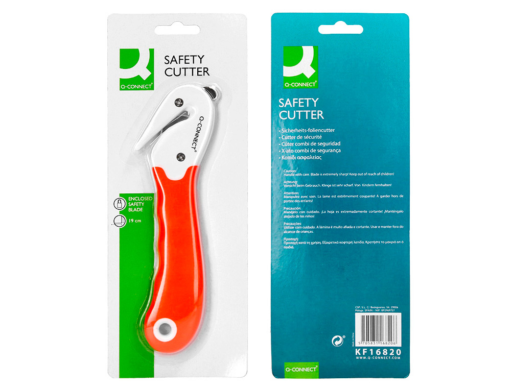 CUTTER DE SECURITE SX782N-1 Q-CONNECT EN PLASTIQUE AVEC ERGOT EN METAL LAME FIXE PROTEGEE EN ACIER INOXYDABLE