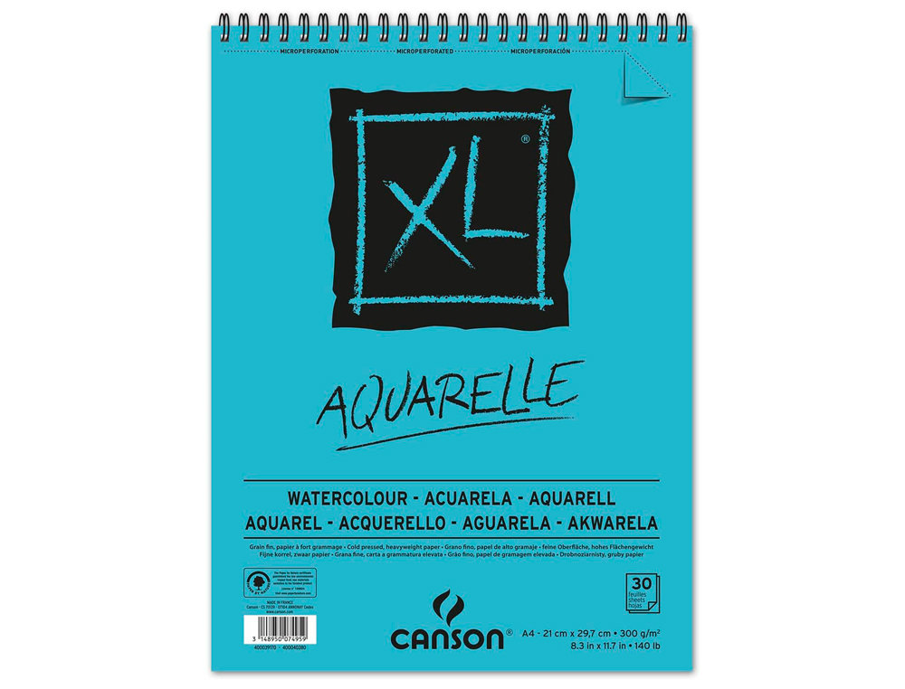 ALBUM CANSON XL AQUARELLE A SPIRALE PAPIER GRAIN FIN      BLANC 300G A4 21X29,7CM 30F