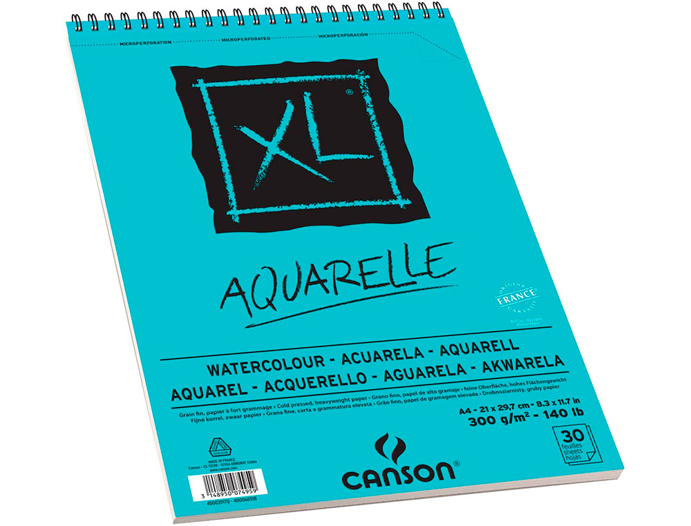 ALBUM CANSON XL AQUARELLE A SPIRALE PAPIER GRAIN FIN      BLANC 300G A4 21X29,7CM 30F