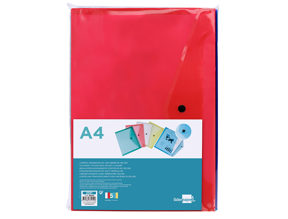 POCHETTE ENVELOPPE LIDERPAPEL POLYPROPYLNE 180 MICRONS A4 297X210MM 50F FERMETURE BOUTON COLORIS ASSORTIS PACK 5 UNITS