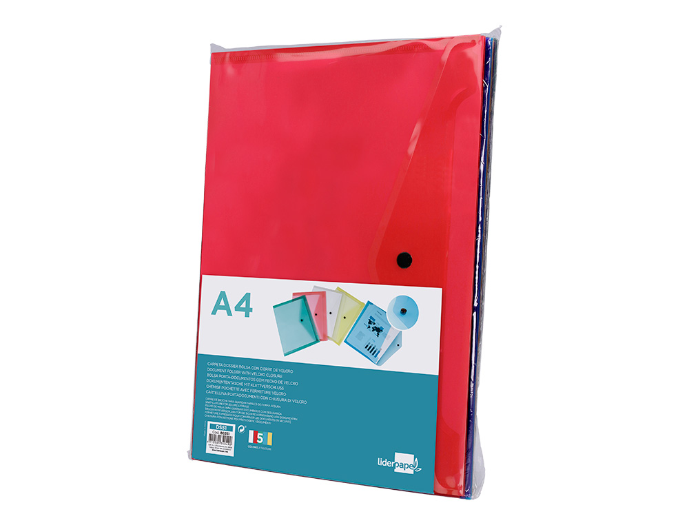 POCHETTE ENVELOPPE LIDERPAPEL POLYPROPYLNE 180 MICRONS A4 297X210MM 50F FERMETURE BOUTON COLORIS ASSORTIS PACK 5 UNITS