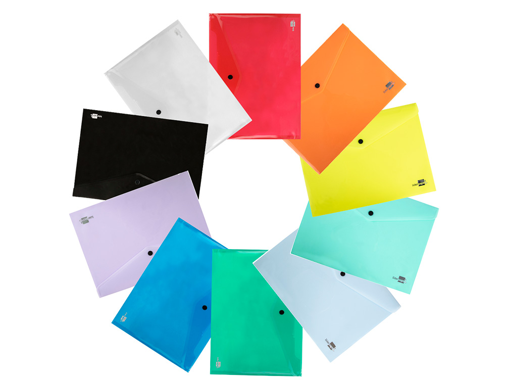 POCHETTE ENVELOPPE LIDERPAPEL POLYPROPYLNE 180 MICRONS A4 297X210MM 50F FERMETURE BOUTON COLORIS ASSORTIS PACK 5 UNITS