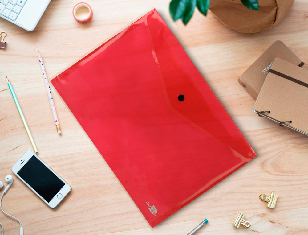 POCHETTE ENVELOPPE LIDERPAPEL POLYPROPYLNE 180 MICRONS A4 297X210MM 50F FERMETURE BOUTON COLORIS ASSORTIS PACK 5 UNITS