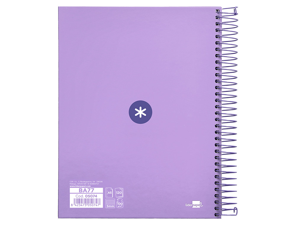 CAHIER SPIRALE ANTARTIK A5 14,8X21CM 240P 90G/M2         QUADRILLAGE 5MM 6 TROUS       COIL-LOCK COLORIS LAVANDE