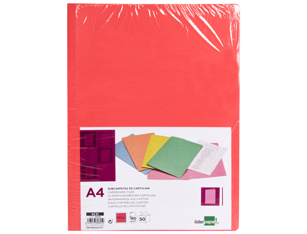 SOUS-CHEMISE LIDERPAPEL PAPIER CARTONNE 180G/M2       310X230MM DOCUMENT A4 COLORIS ROUGE PASTEL