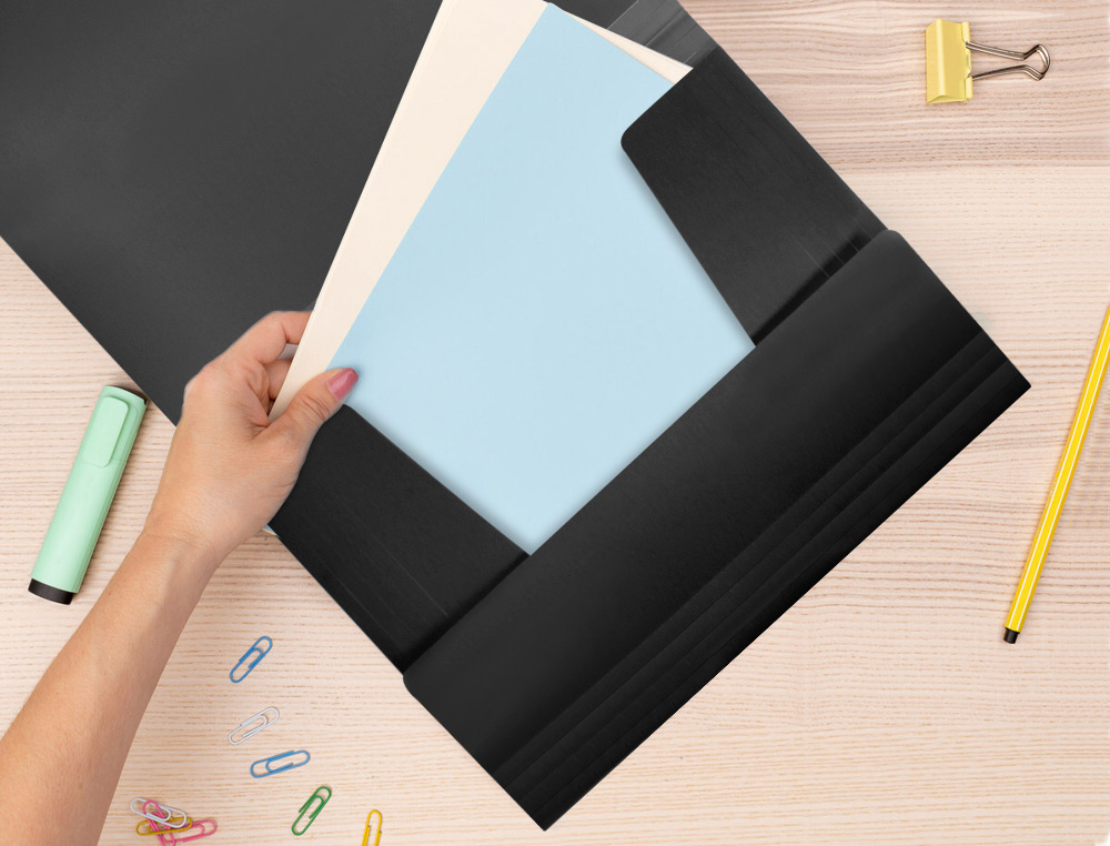 CHEMISE LIDERPAPEL POLYPROPYLÈNE DOS FLEXIBLE A4 210X297MM 4/10E 3 RABATS ÉLASTIQUE 100F COLORIS NOIR OPAQUE