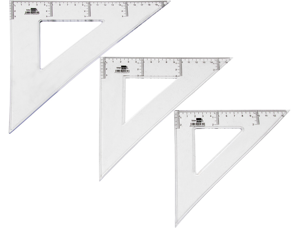 ÉQUERRE LIDERPAPEL 45 DEGRÉS BISEAUTÉE DIMENSION HYPOTÉNUSE 20CM GRADUÉE ÉCHELLE MILLIMÈTRES TRANSPARENTE ÉCONOMIQUE