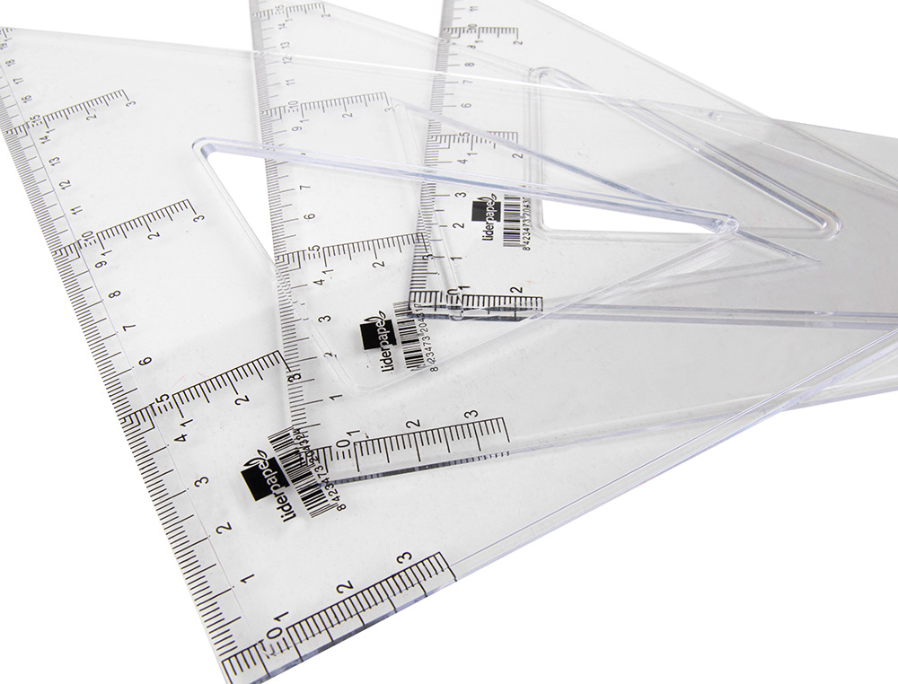 ÉQUERRE LIDERPAPEL 45 DEGRÉS BISEAUTÉE DIMENSION HYPOTÉNUSE 20CM GRADUÉE ÉCHELLE MILLIMÈTRES TRANSPARENTE ÉCONOMIQUE
