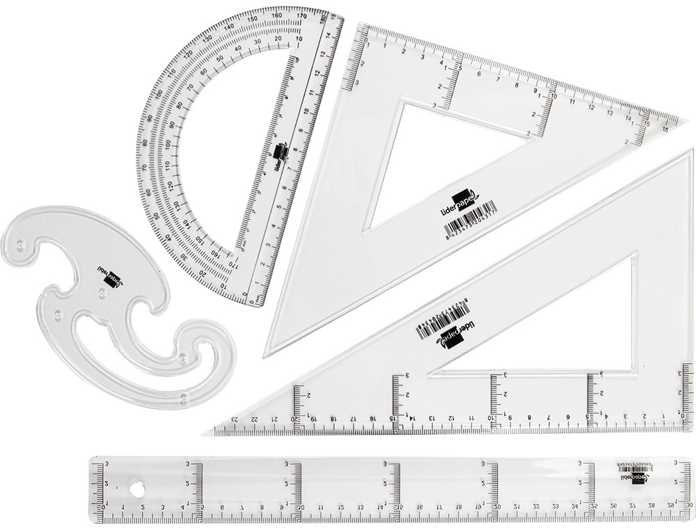 SET TRAAGE LIDERPAPEL 5 PICES RGLE 30CM QUERRES 45/60 DEGRS 25CM RAPPORTEUR 180 DEGRS 15CM PISTOLET TRANSPARENT