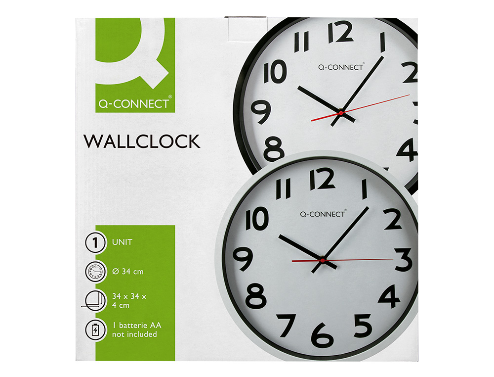 HORLOGE Q-CONNECT MURALE PLASTIQUE DESIGN ACTUEL NUMROS NOIRS FOND BLANC 1 PILE AA NON FOURNIE DIAMTRE 34CM NOIR