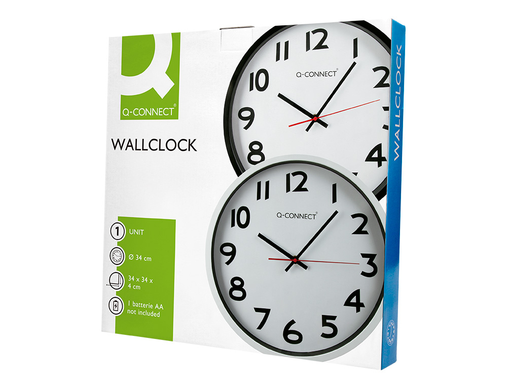 HORLOGE Q-CONNECT MURALE PLASTIQUE DESIGN ACTUEL NUMROS NOIRS FOND BLANC 1 PILE AA NON FOURNIE DIAMTRE 34CM NOIR