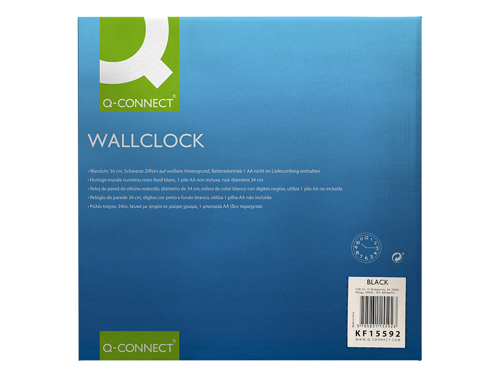 HORLOGE Q-CONNECT MURALE PLASTIQUE DESIGN ACTUEL NUMROS NOIRS FOND BLANC 1 PILE AA NON FOURNIE DIAMTRE 34CM NOIR