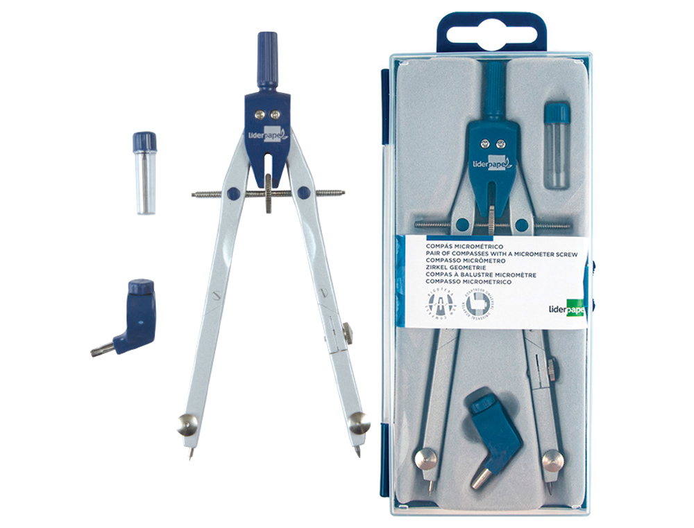 COMPAS LIDERPAPEL MICROMTRIQUE ARTICUL 2 BRANCHES CIRCONFRENCE 38CM LONGUEUR 17CM BAGUE MINES 2MM TUI