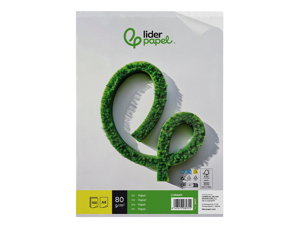 PAPIER CRITURE LIDERPAPEL A4 210X297MM BLANCHEUR EXTRA OPACIT 80G/M2 PAQUET 100 FEUILLES