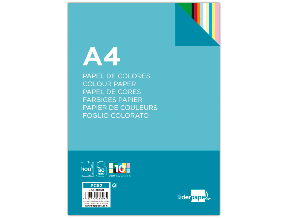 PAPIER COULEUR LIDERPAPEL MULTIFONCTION A4 80G/M2 10 COLORIS ASSORTIS PAQUET 100 FEUILLES