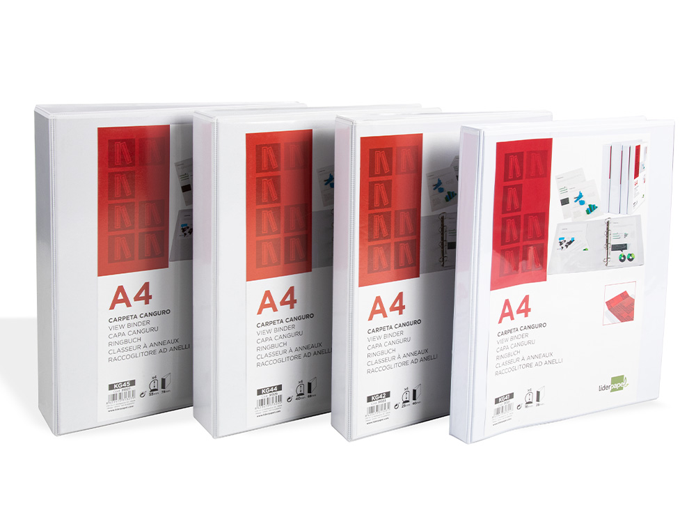 CLASSEUR KANGOUROU LIDERPAPEL 4 ANNEAUX 16MM 283X320MM DOCUMENT A4 PLASTIQUE DOS 28MM COLORIS BLANC